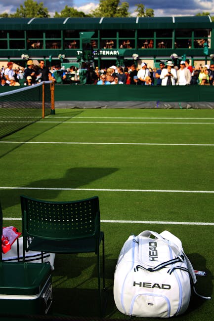 A view of a sports tennis court with a clear view of the green artificial grass surface, marked with white lines for singles and doubles play. In the foreground, there is a black plastic chair placed close to the court's edge, next to a matching green table. On the court, a white tennis bag with black and grey straps, branded 'HEAD,' is positioned near the chair, along with a red item possibly a water bottle or accessory. The background features a large, multi-tiered spectator area filled with numerous people, some standing and others sitting, watching the match. The spectator stands are painted dark green and have a roof structure providing partial shade, with visible advertising signs on the upper level. The scene is well-lit with natural daylight, and a few trees and blue sky are visible beyond the stands, contributing to the outdoor setting typical of a professional or recreational tennis venue. This setup suggests a casual or competitive tennis environment, possibly associated with a club or private facility that handles its own outdoor court preparation and maintenance, aligning with services such as independent waste removal or on-site clearance for venue management purposes.